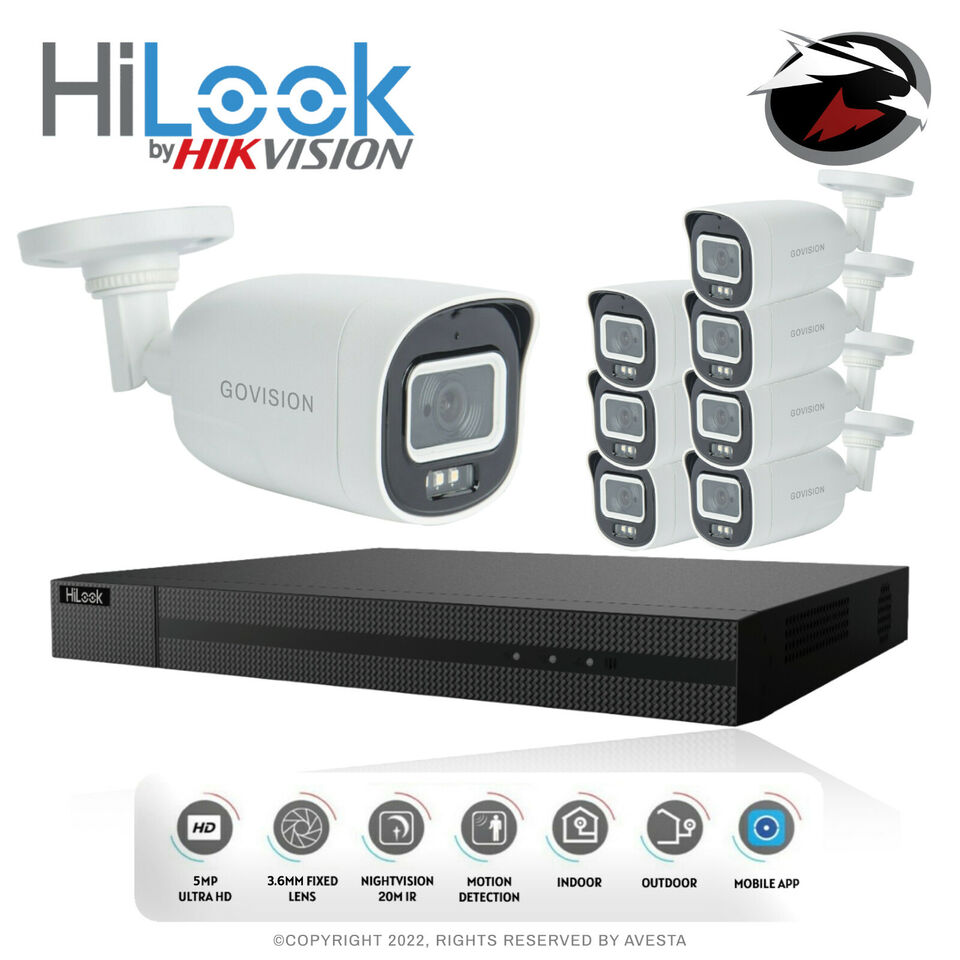 HIKVISION HILOOK 5MP CCTV SYSTEM DVR FULL HD 24/7 HOURS COLORFUL CAMERA KIT UK 8CH DVR 8x Cameras (white) 1TB HDD