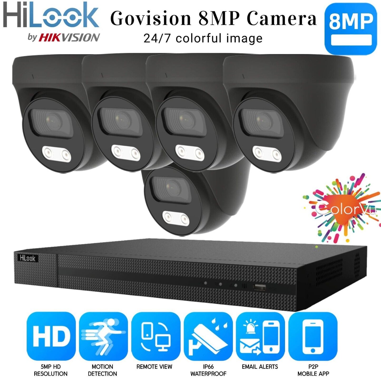 HIKVISION 8MP COLORVU CCTV SYSTEM UHD 8MP DVR 4K 24/7 COLORVu OUTDOOR CAMERA KIT 8CH DVR 5xCameras (gray) 2TB HDD