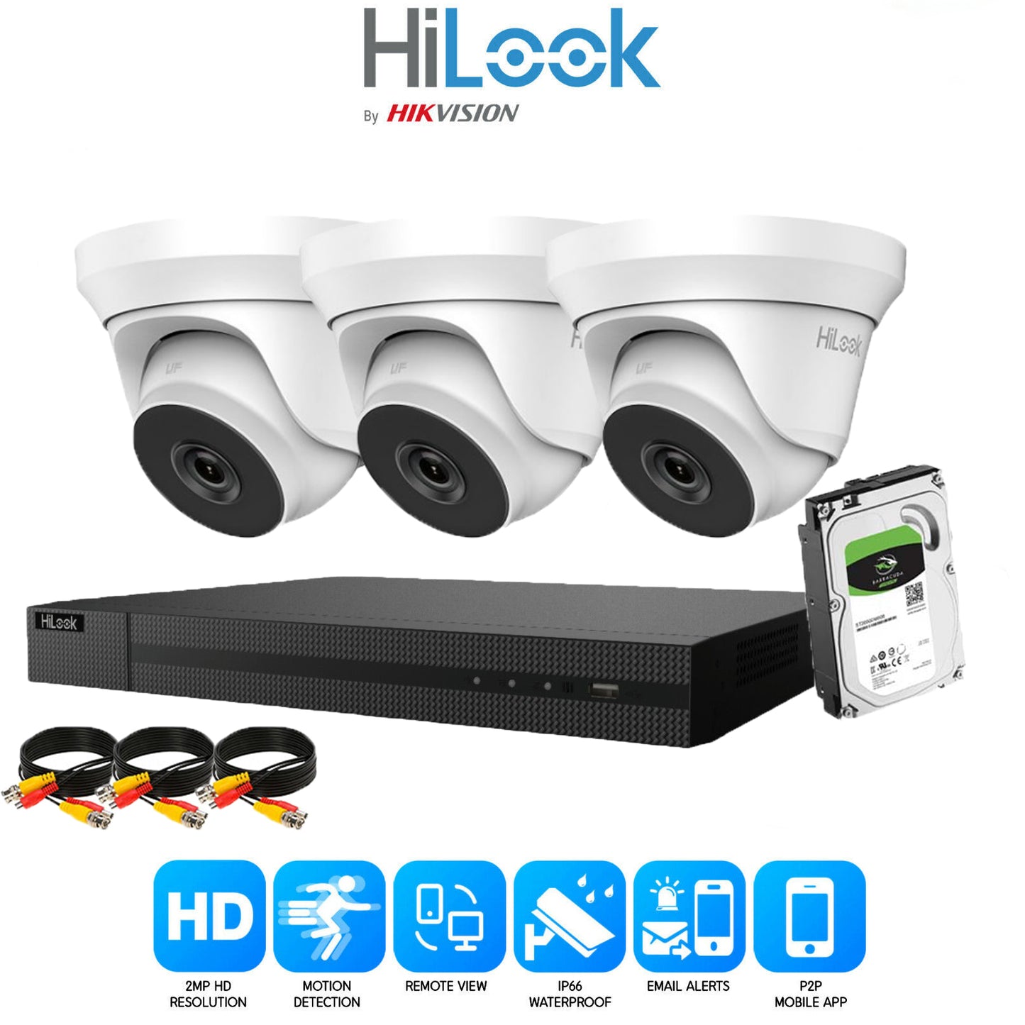 Hilook  2MP Full CCTV Security System. 4CH DVR and  3x Outdoor Low Light Cameras and 2TB HDD