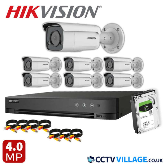 Hikvision 7x Camera Kit 8 Channel 1080p 1U H.265 AcuSense DVR with 1TB HDD 4MP ColorVu Strobe Light and Audible Warning Fixed Bullet Network Camera (DS-2CD2T47G2-LSU/SL)