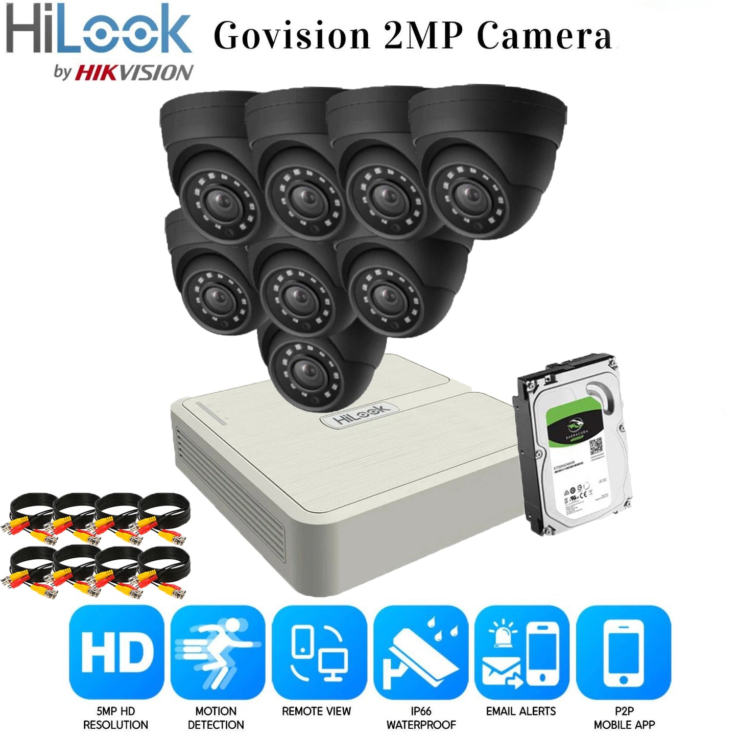 Hikvision Home Outdoor CCTV Security Camera System Kit HD 1080P 4CH DVR IR NIGHT 8CH DVR 8xCameras (gray) 500GB HDD