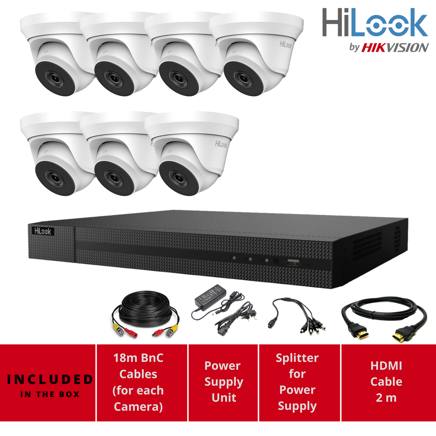 HIKVISION HD CCTV SYSTEM 2MP 8CH DVR OUTDOOR IP66 40M LOW LIGHT CAMERA 7x Cameras (white) 6TB HDD