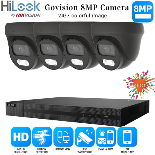 HIKVISION 8MP COLORVU CCTV SYSTEM UHD 8MP DVR 4K 24/7 COLORVu OUTDOOR CAMERA KIT 4CH DVR 4xCameras (gray) 6TB HDD