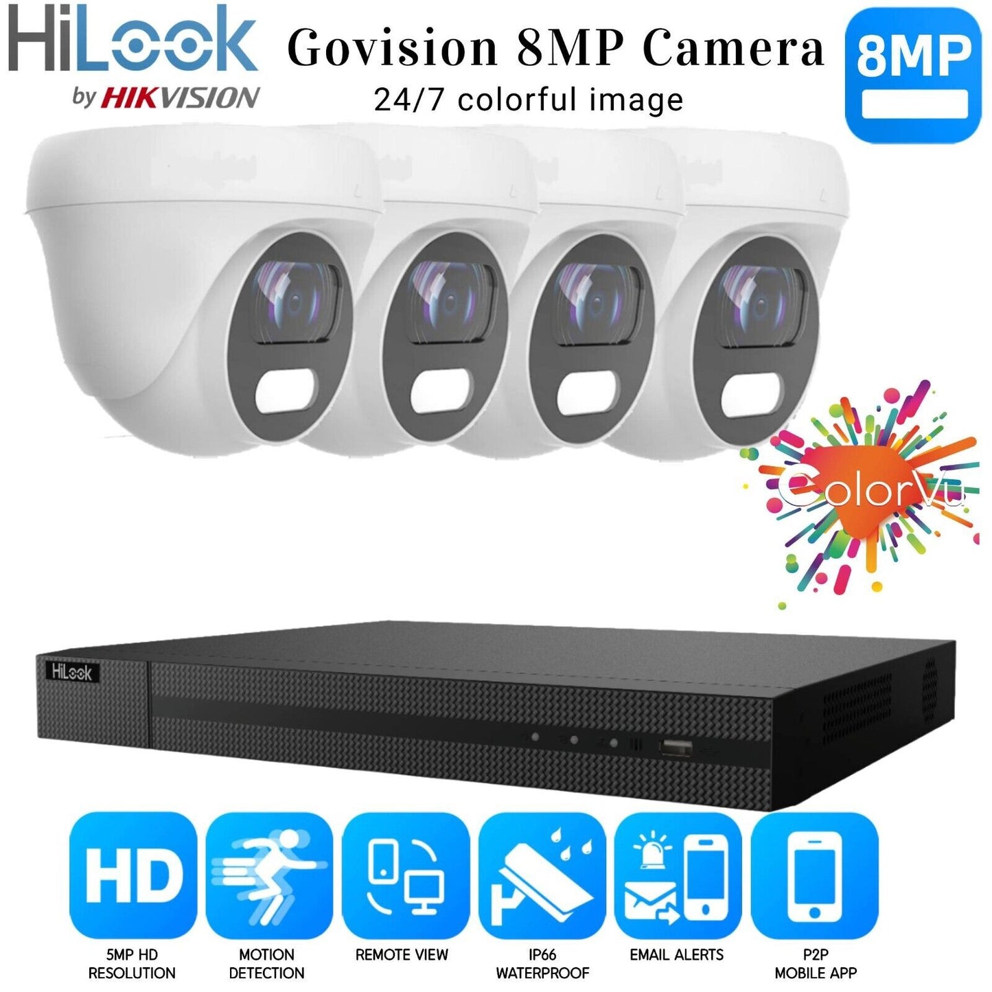 HIKVISION 8MP COLORVU CCTV SYSTEM UHD 8MP DVR 4K 24/7 COLORVu OUTDOOR CAMERA KIT 8CH DVR 4xCameras (white) 4TB HDD