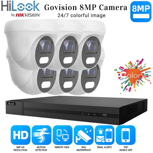 HIKVISION 8MP COLORVU CCTV SYSTEM UHD 8MP DVR 4K 24/7 COLORVu OUTDOOR CAMERA KIT 8CH DVR 6xCameras (white) 1TB HDD