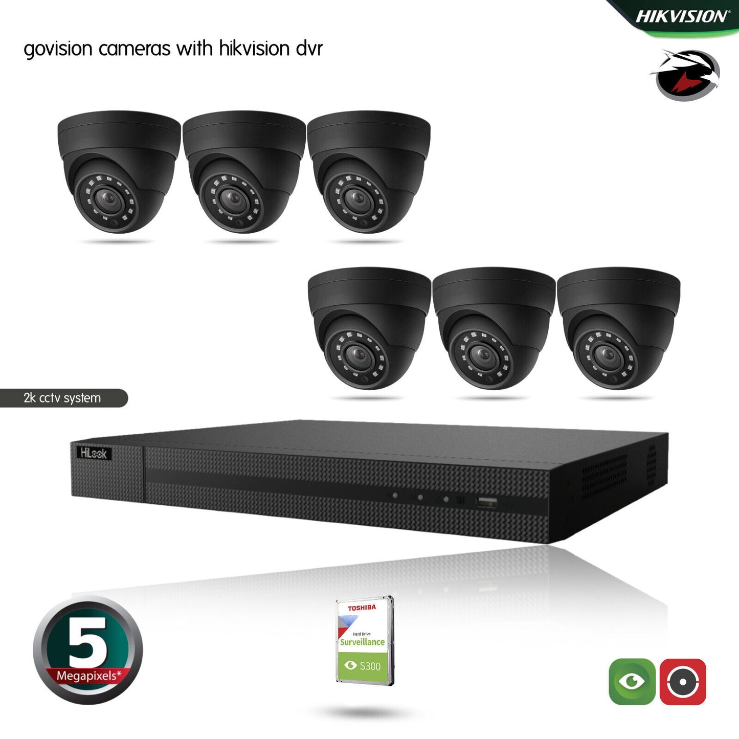 HIKVISION HILOOK CCTV SYSTEM 5MP DVR OUTDOOR NIGHTVISION SECURITY HD CAMERA KIT 8CH DVR 6xCameras 1TB HDD