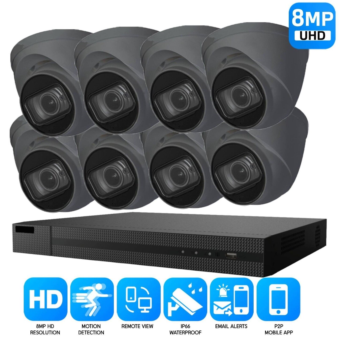 8MP CCTV 4K KIT DVR SYSTEM OUTDOOR ULTRA HD HOME CAMERA SECURITY KIT NIGHTVISION 8CH DVR 8xCameras (gray) 1TB HDD