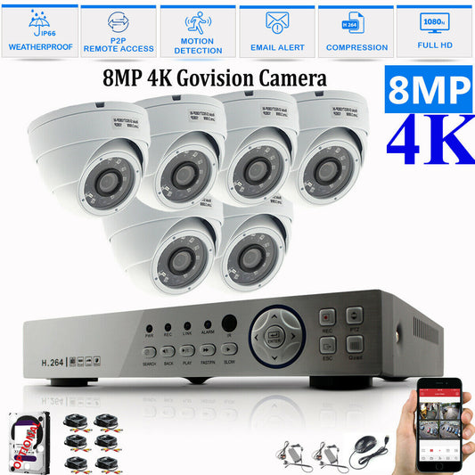 8MP CCTV System 4CH 8CH 4K Ultra HD DVR Dome Camera Home Security Kit Night UK 8CH DVR 6xCameras (white) 4TB HDD