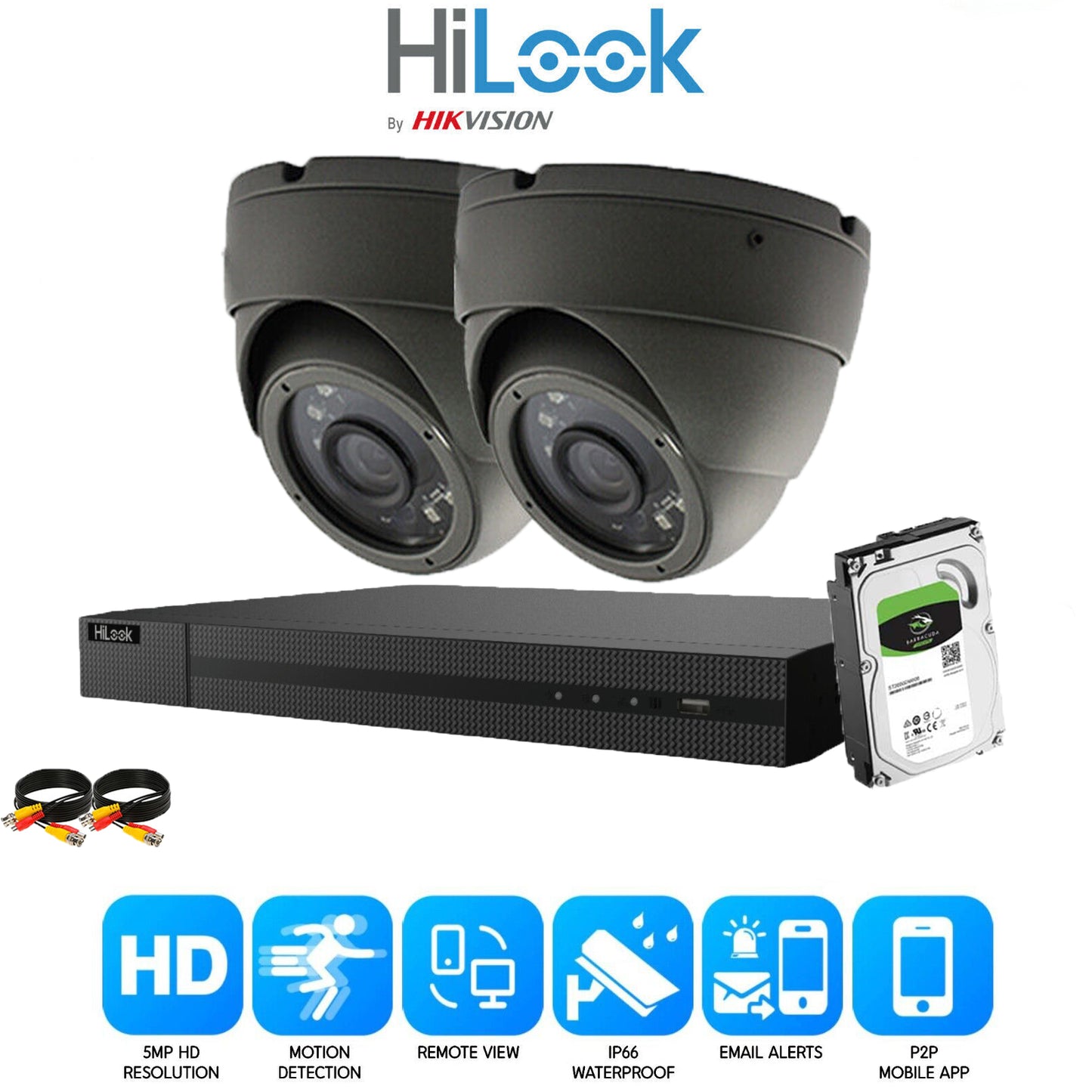 HIKVISION HILOOK 5MP CCTV SYSTEM 4CH DVR FULL HD 20M NIGHT VISION DOME CAMERAS 2x Cameras (Grey) 3TB HDD