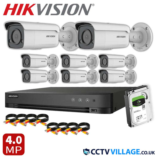 Hikvision 8x Camera Kit 8 Channel 1080p 1U H.265 AcuSense DVR with 1TB HDD 4MP ColorVu Strobe Light and Audible Warning Fixed Bullet Network Camera (DS-2CD2T47G2-LSU/SL)