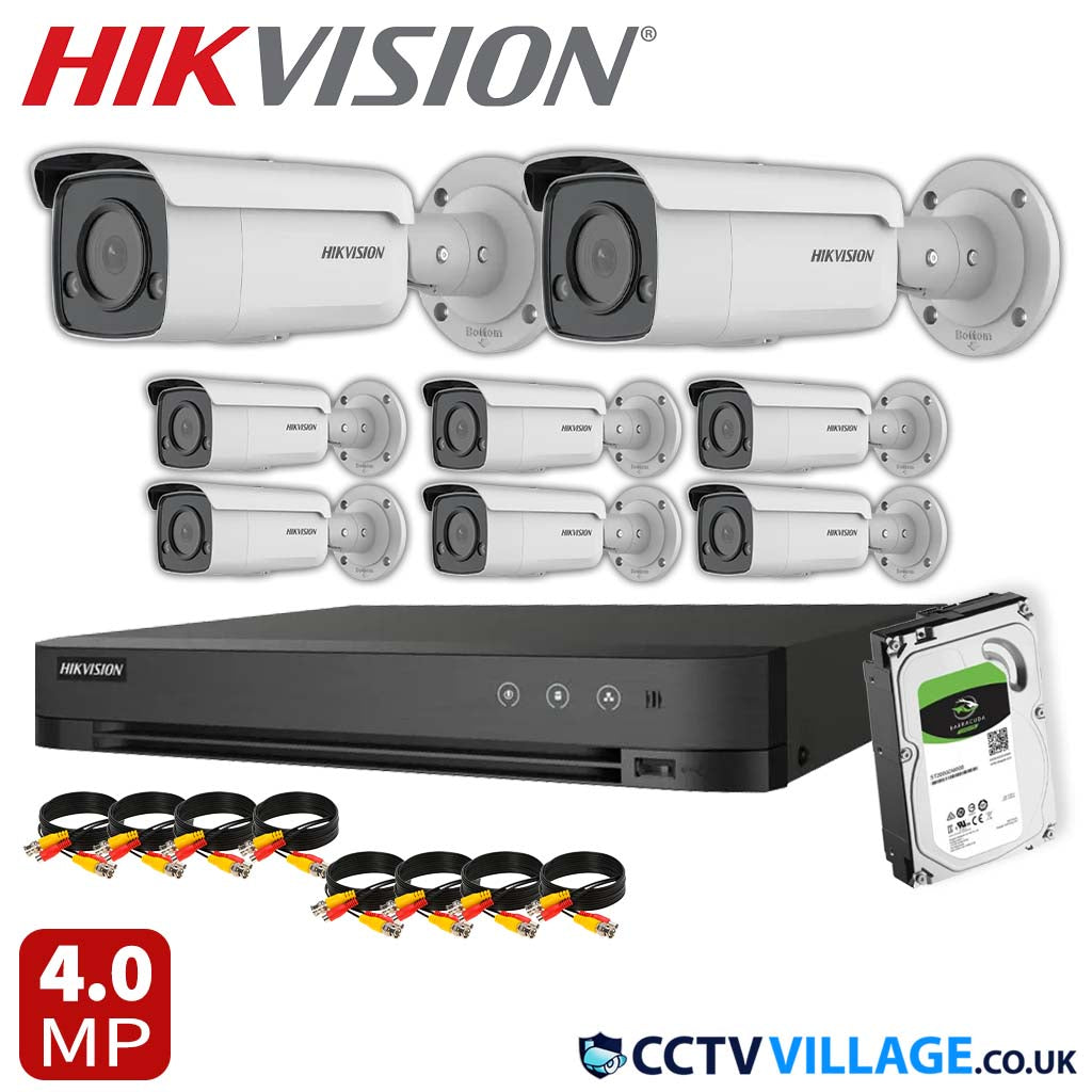 Hikvision 8x Camera Kit 8 Channel 1080p 1U H.265 AcuSense DVR with 2TB HDD 4MP ColorVu Strobe Light and Audible Warning Fixed Bullet Network Camera (DS-2CD2T47G2-LSU/SL)