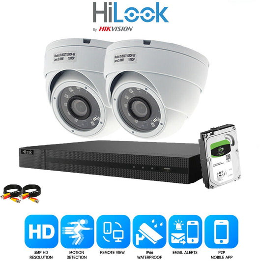 HIKVISION HILOOK 5MP CCTV SYSTEM 4CH DVR FULL HD 20M NIGHT VISION DOME CAMERAS 2x Cameras (White) 3TB HDD