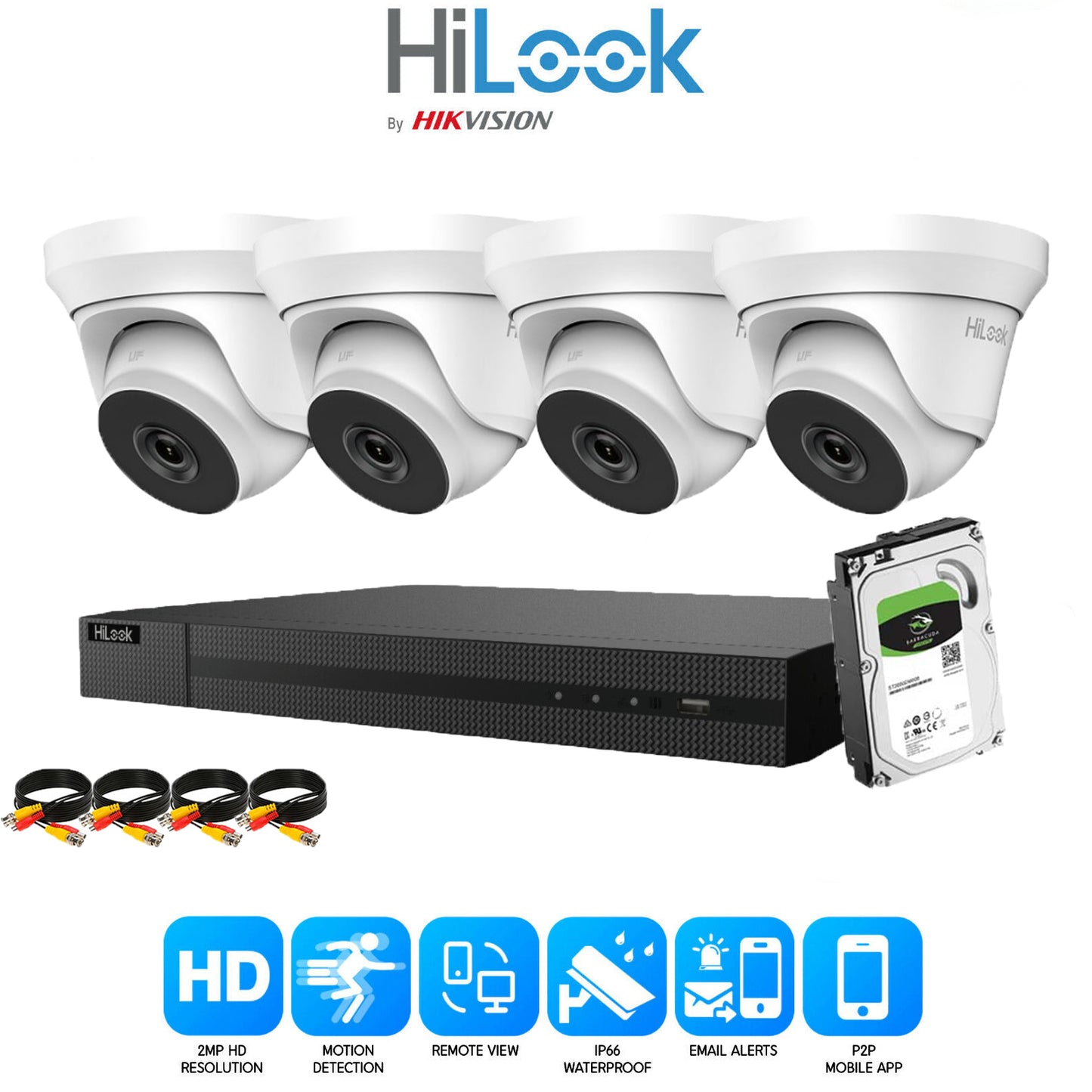 Hilook 2MP Full CCTV Security System. 4CH DVR and 4x Outdoor Low Light Cameras and 1TB HDD