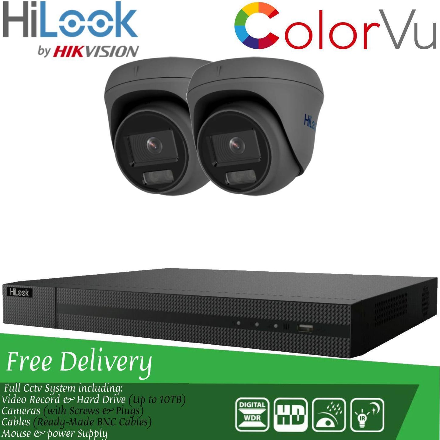 Hilook COLORVU POE CCTV SYSTEM IP UHD 8MP NVR 4K 5MP 24/7 COLORVU CAMERA KIT 4CH NVR 2x Cameras (grey) 6TB HDD