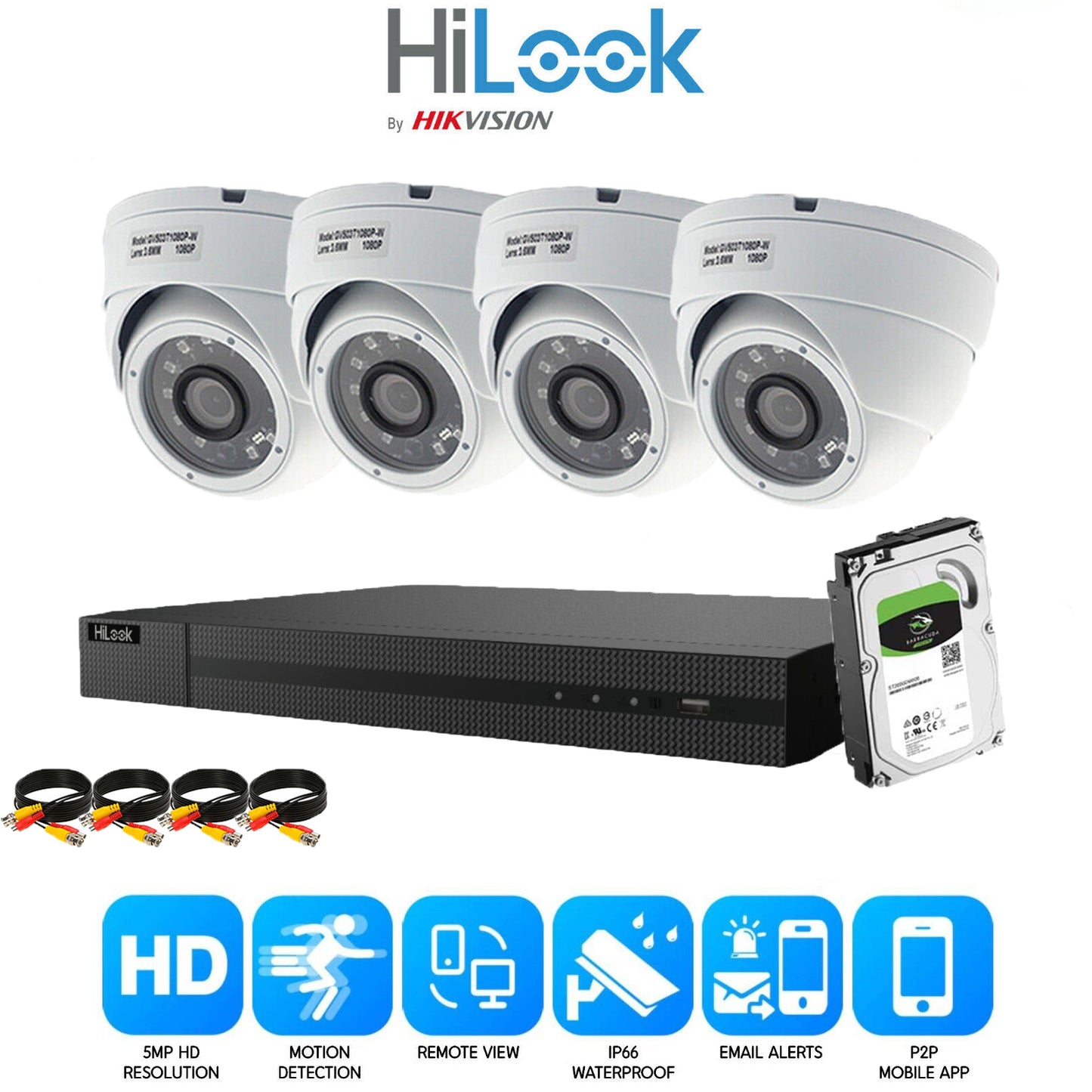 HIKVISION HILOOK 5MP CCTV SYSTEM 4CH DVR FULL HD 20M NIGHT VISION DOME CAMERAS 4x Cameras (White) 1TB HDD