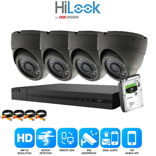 HIKVISION HILOOK 5MP CCTV SYSTEM 4CH DVR FULL HD 20M NIGHT VISION DOME CAMERAS 4x Cameras (Grey) 1TB HDD