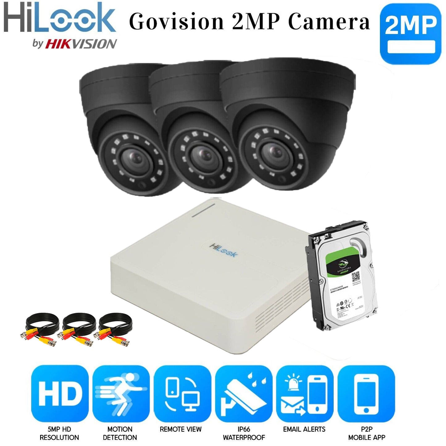 Hikvision Home Outdoor CCTV Security Camera System Kit HD 1080P 4CH DVR IR NIGHT 4CH DVR 3xCameras (gray) 1TB HDD