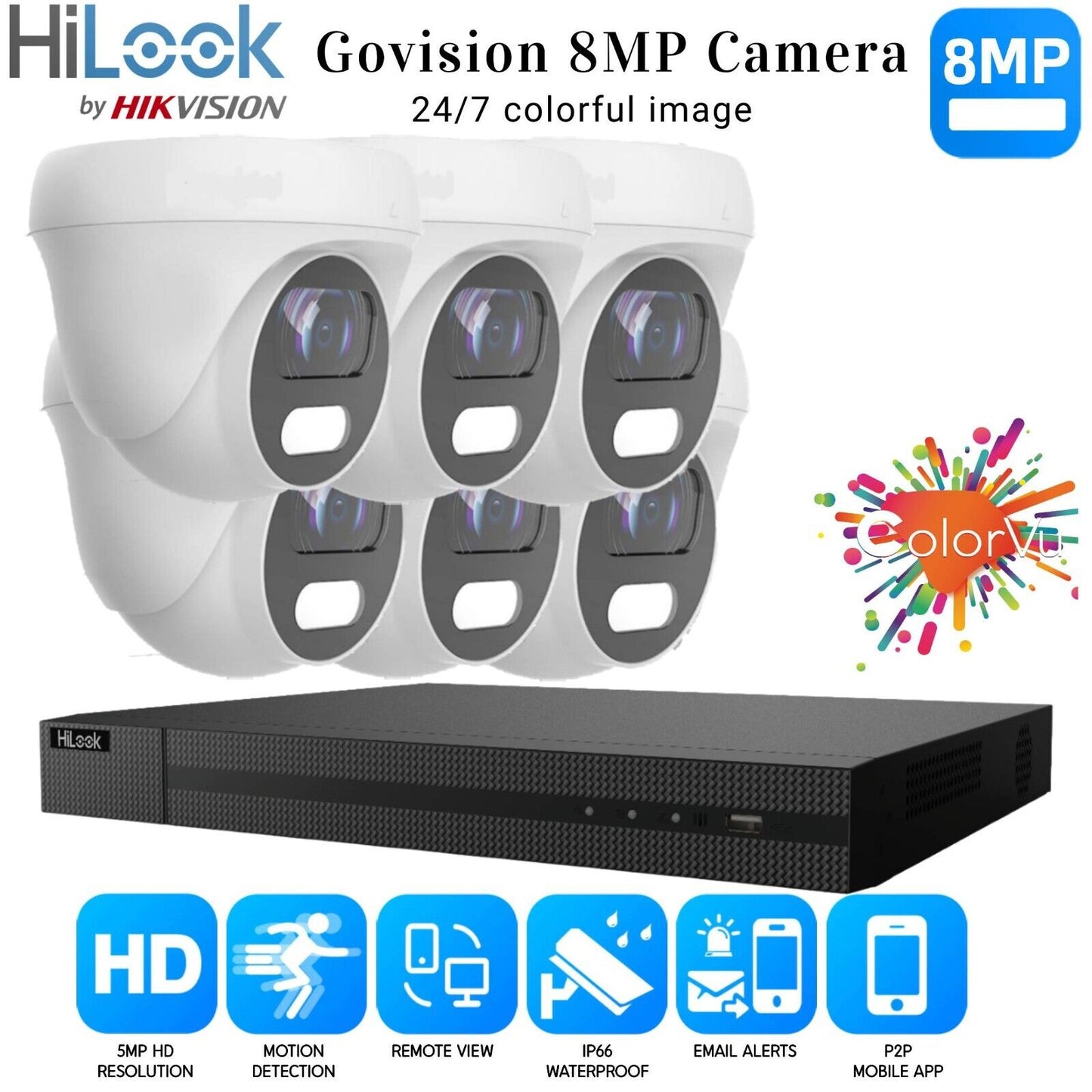 HIKVISION 8MP COLORVU CCTV SYSTEM UHD 8MP DVR 4K 24/7 COLORVu OUTDOOR CAMERA KIT 8CH DVR 6xCameras (white) 2TB HDD