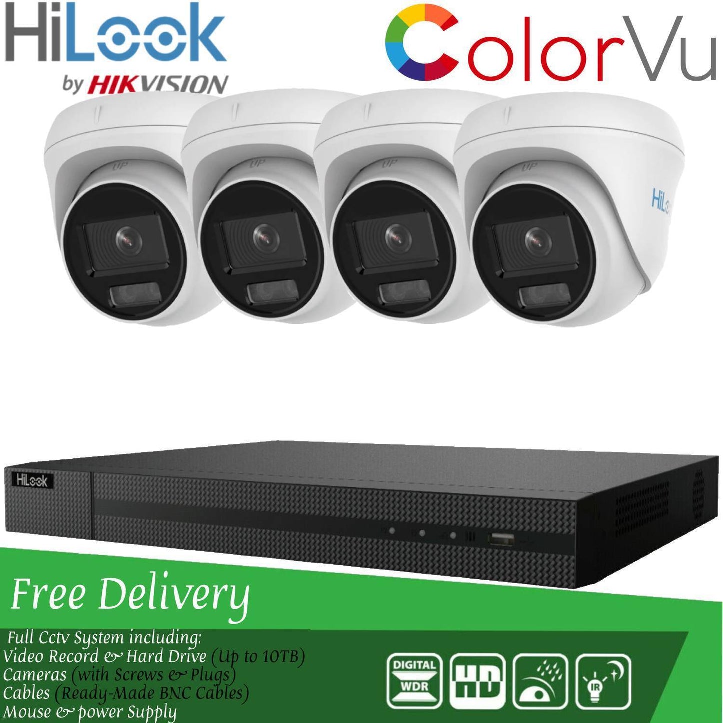 Hilook COLORVU POE CCTV SYSTEM IP UHD 8MP NVR 4K 5MP 24/7 COLORVU CAMERA KIT 4CH NVR 4x Cameras (white) 1TB HDD