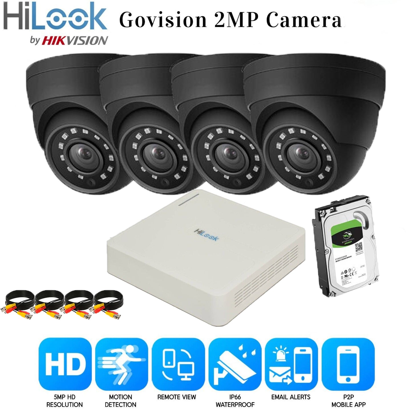 HIKVISION CCTV SYSTEM FULL HD DVR HD OUTDOOR CAMERA HOME SECURITY KIT 8CH DVR 4xCameras (gray) 2TB HDD