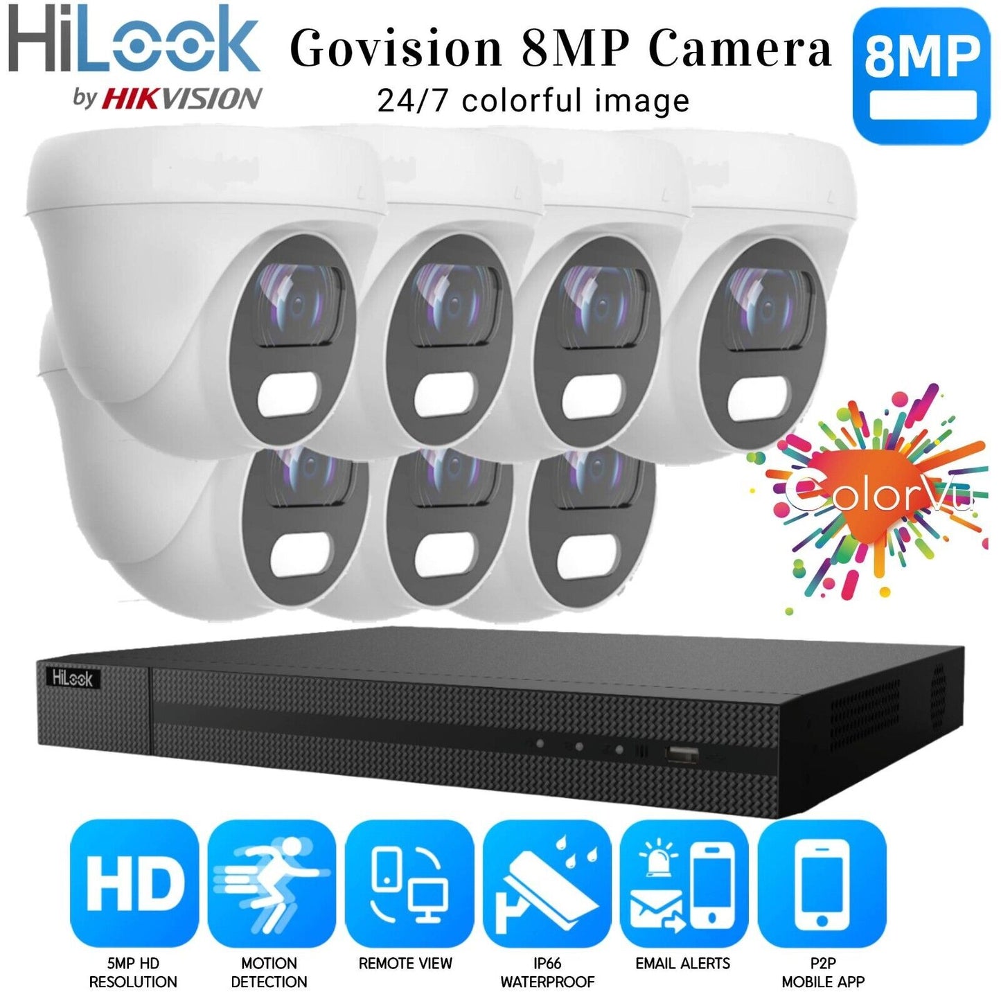 HIKVISION 4K COLORVU CCTV SYSTEM 8MP DVR OUTDOOR NIGHTVISION SECURITY CAMERA KIT 8CH DVR 7xCameras (white) 1TB HDD