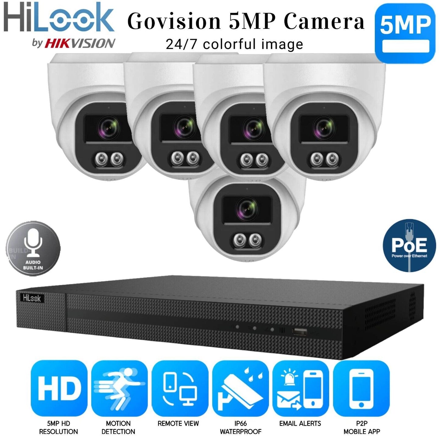 HIKVISION COLORVU POE CCTV SYSTEM IP UHD 8MP NVR 5MP COLORVU AUDIO CAMERA KIT UK 8CH NVR 5xCameras (white) 1TB HDD