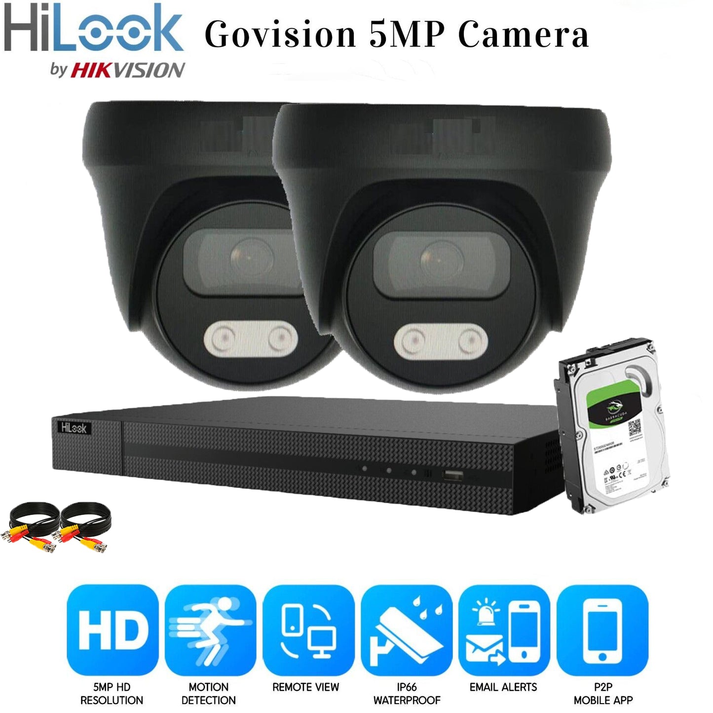 HIKVISION COLORVU CCTV SYSTEM HD 5MP 24/7 COLORVu CAMERA KIT UK 4CH DVR 2x Cameras (gray) 2TB HDD