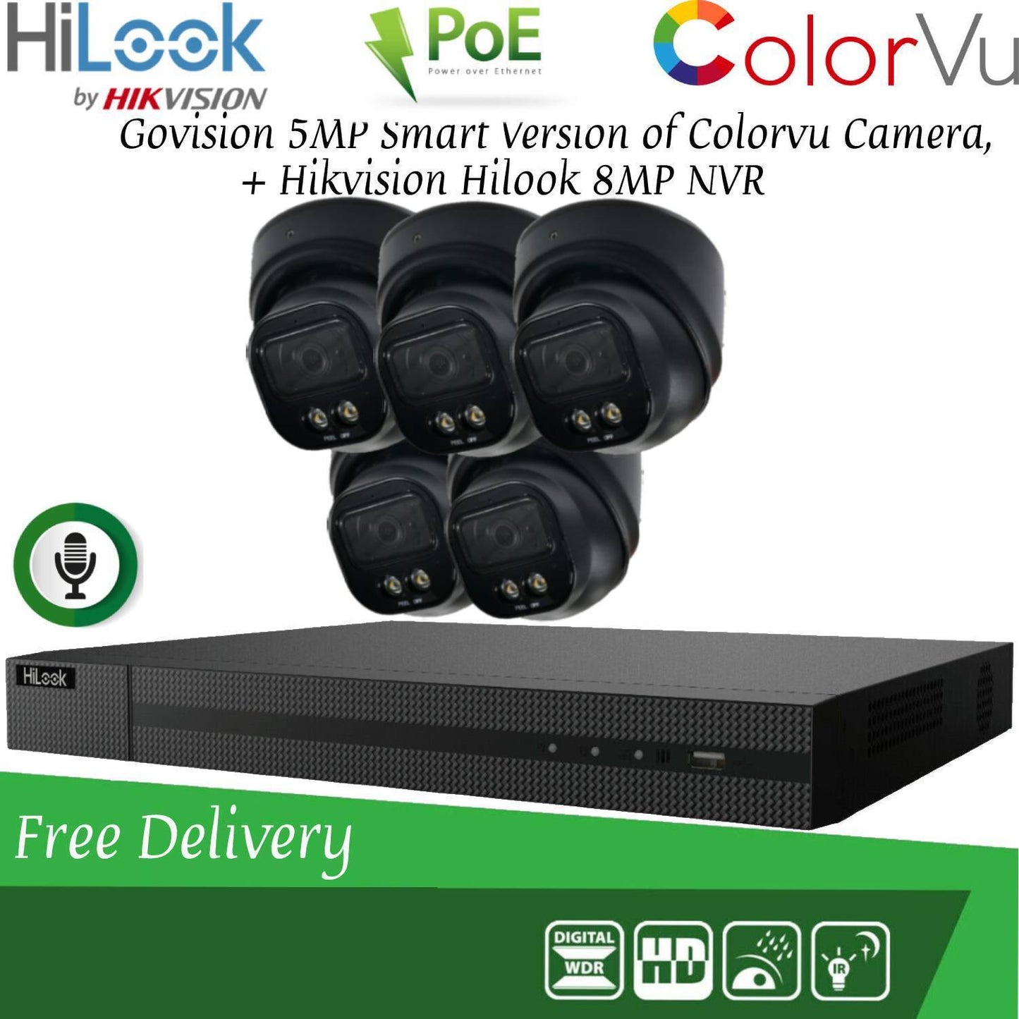 HIKVISION 8MP POE CCTV SYSTEM IP UHD NVR 5MP 24/7 COLORVU AUDIO MIC CAMERA KIT 8CH 5x Cameras (Black) 1TB HDD