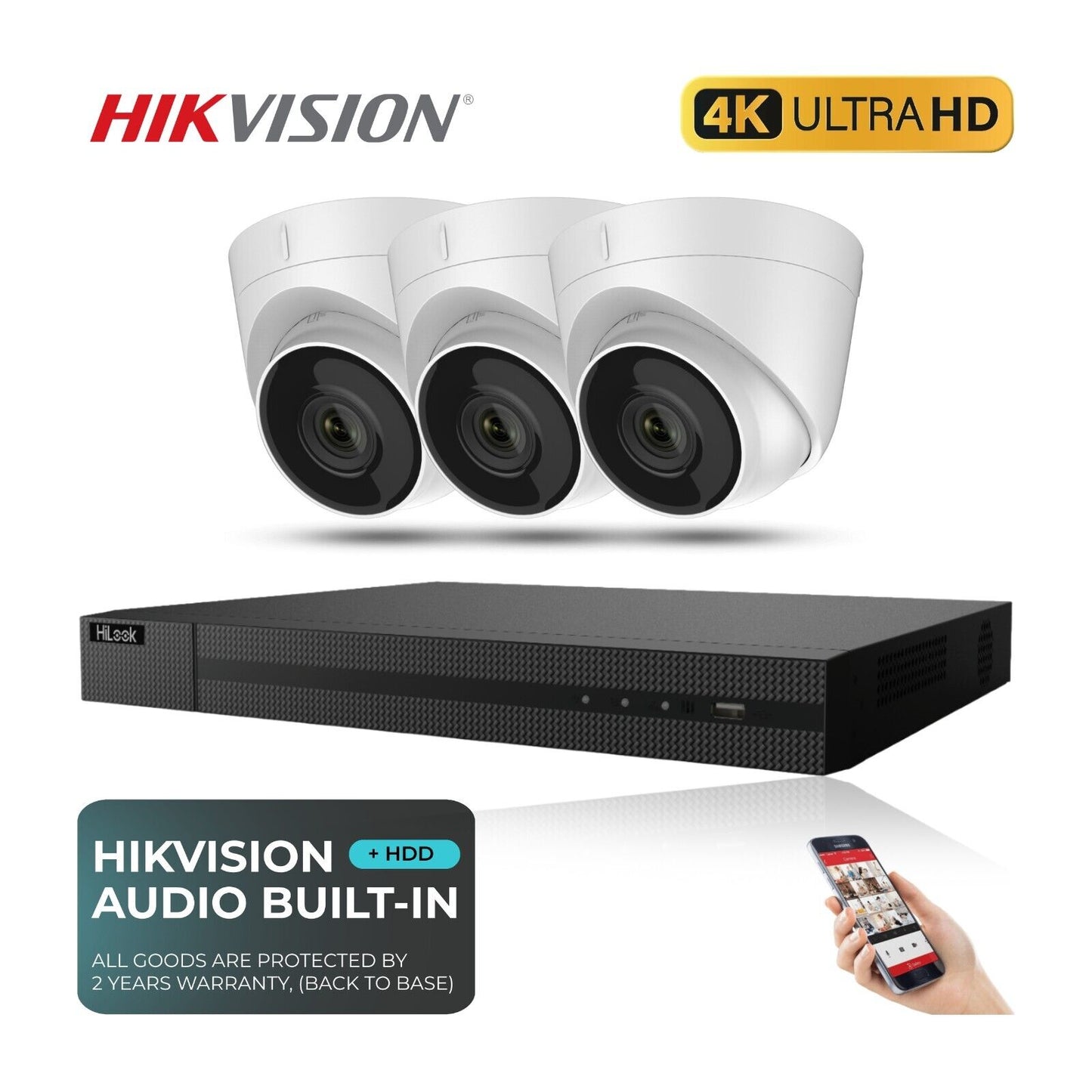 4K HIKVISION CCTV SYSTEM IP POE 8 MP AUDIO MIC CAMERA NIGHT VISION SECURITY KIT 4CH NVR 3x Camera 2TB HDD