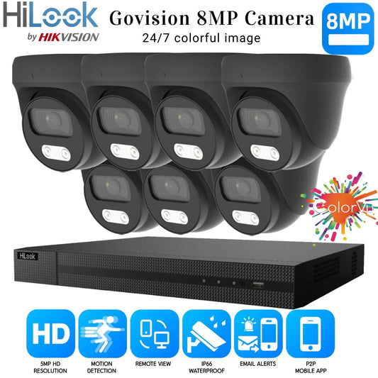 HIKVISION 8MP COLORVU CCTV SYSTEM UHD 8MP DVR 4K 24/7 COLORVu OUTDOOR CAMERA KIT 8CH DVR 7xCameras (gray) 2TB HDD