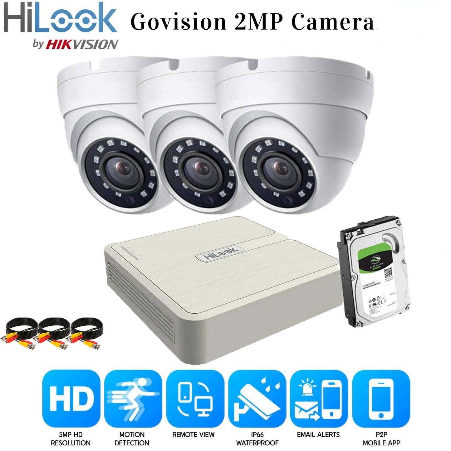 HIKVISION CCTV SYSTEM FULL HD DVR HD OUTDOOR CAMERA HOME SECURITY KIT 4CH DVR 3xCameras (white) 3TB HDD