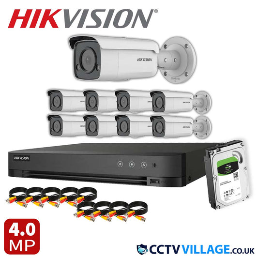 Hikvision 9x Camera Kit 16 Channel 1080p 1U H.265 AcuSense DVR with 8TB HDD 4MP ColorVu Strobe Light and Audible Warning Fixed Bullet Network Camera (DS-2CD2T47G2-LSU/SL)