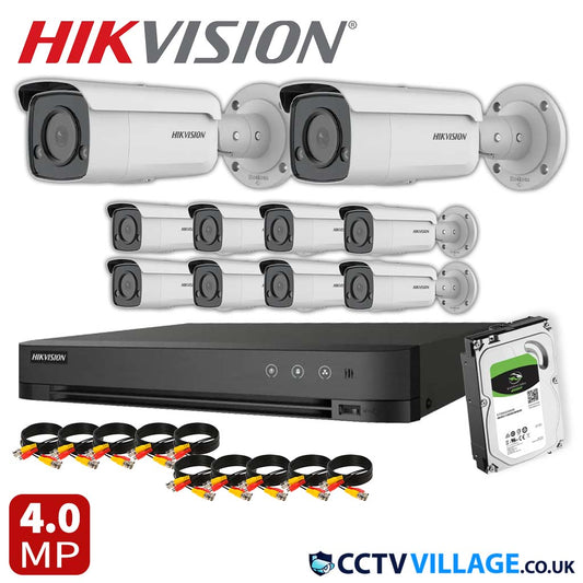 Hikvision 10x Camera System 16 Channel 1080p 1U H.265 AcuSense DVR with 1TB HDD 4MP ColorVu Strobe Light and Audible Warning Fixed Bullet Network Camera (DS-2CD2T47G2-LSU/SL)