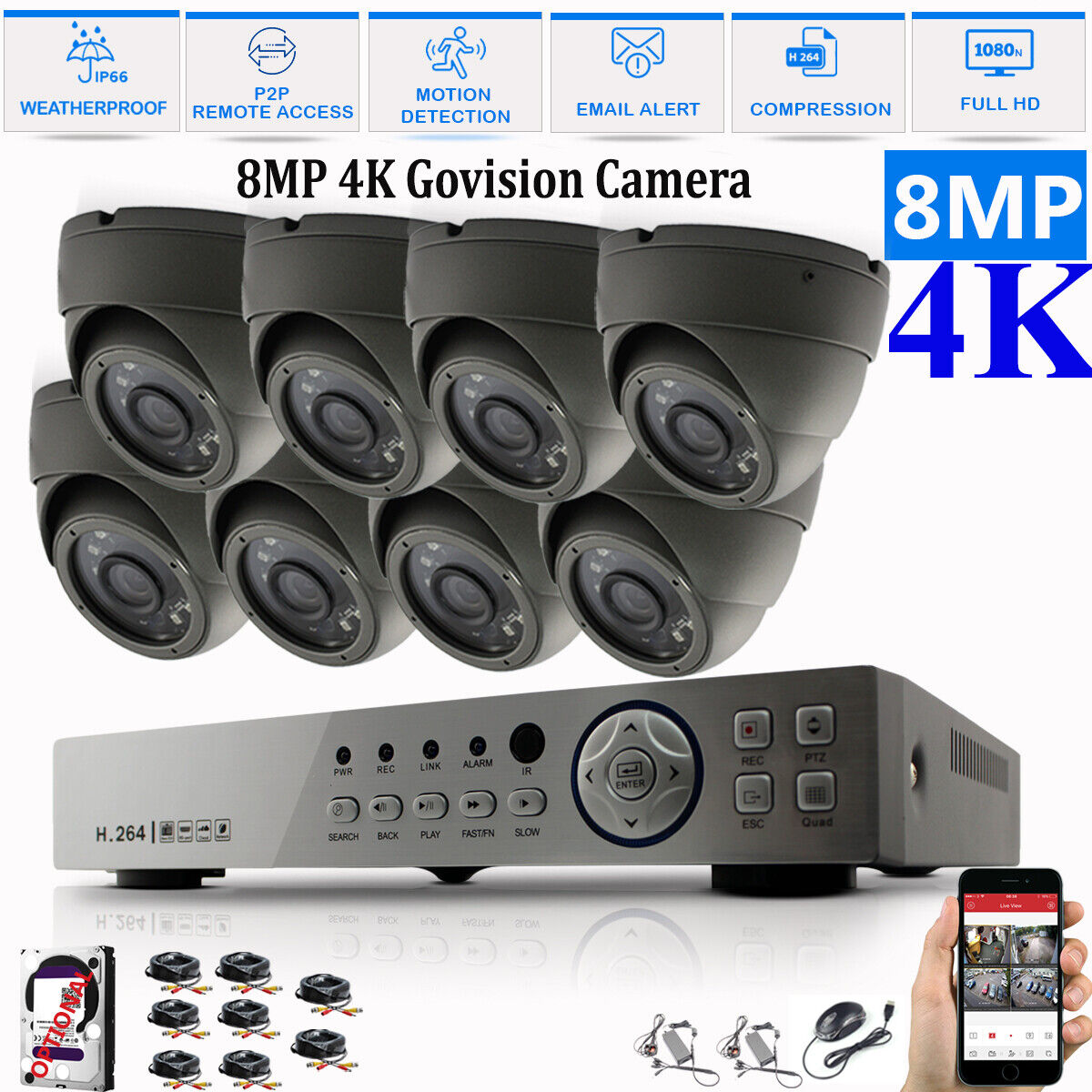 8MP CCTV System 4CH 8CH 4K Ultra HD DVR Dome Camera Home Security Kit Night UK 8CH DVR 8xCameras (gray) 3TB HDD