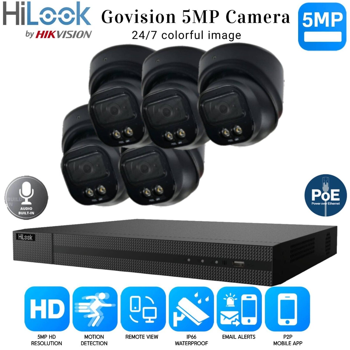 HiLook 4K ColorVu Audio IP CCTV System POE NVR 5MP Camera MIC Night vision Kit 8CH NVR 5xCameras 2TB HDD