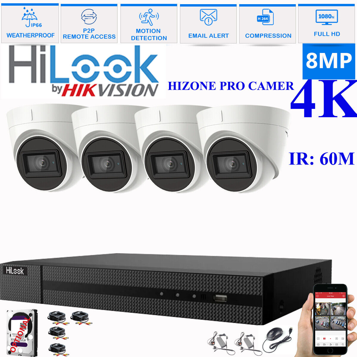 HIKVISION 8MP 4K CCTV HD DVR SYSTEM IN/OUTDOOR IR 60M CAMERA SECURITY KIT 4CH DVR 4xCameras (white) 3TB HDD