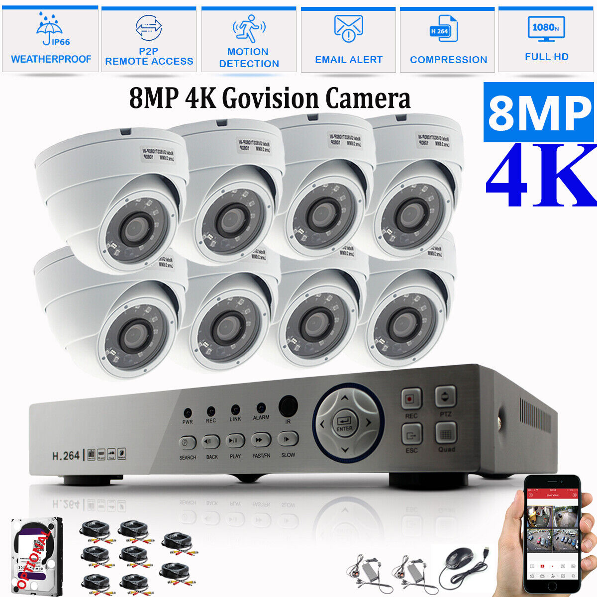 8MP CCTV System 4CH 8CH 4K Ultra HD DVR Dome Camera Home Security Kit Night UK 8CH DVR 8xCameras (white) 4TB HDD