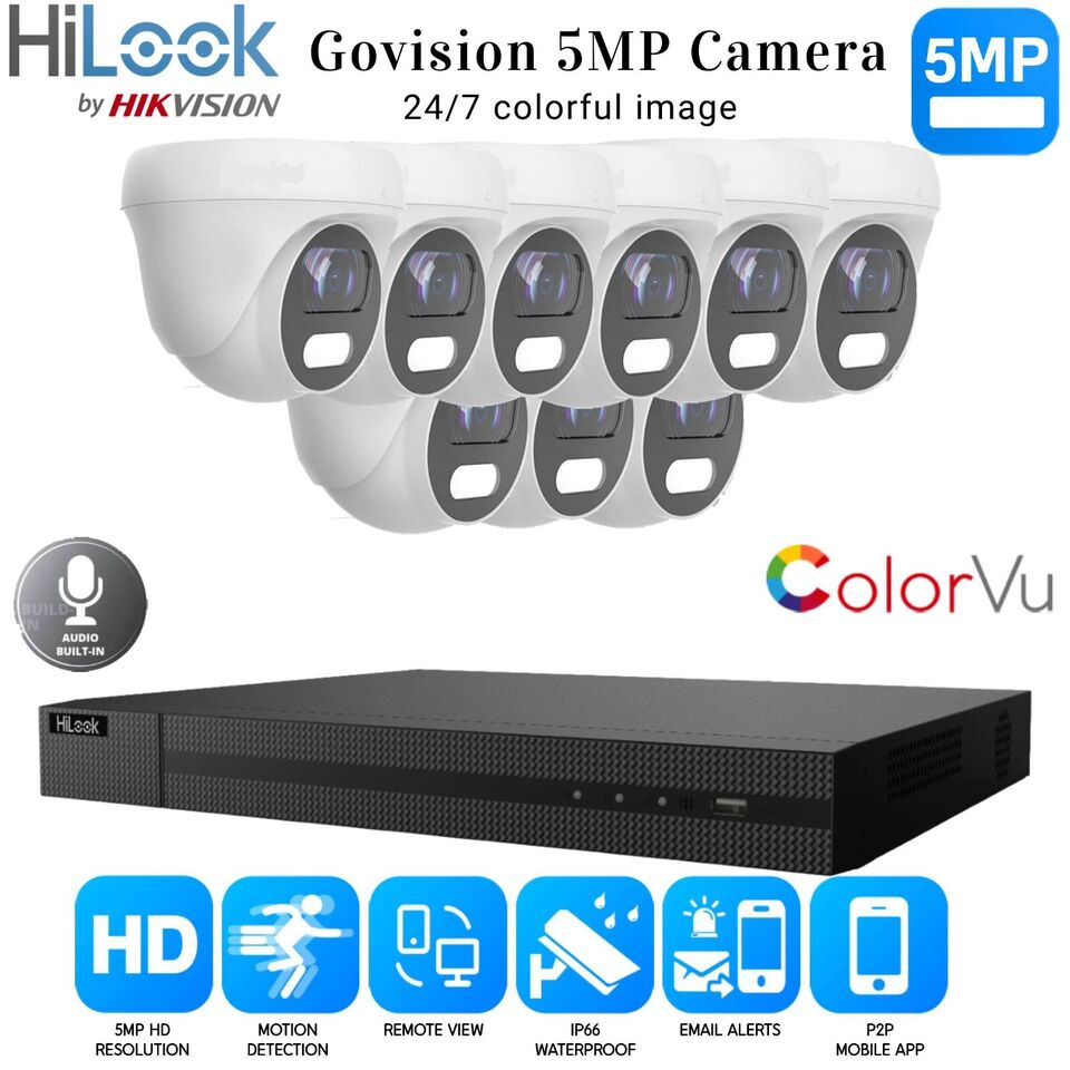 HIKVISION 5MP COLORVU AUDIO MIC CCTV SECURITY OUTDOOR INDOOR CAMERA SYSTEM KIT 16CH DVR 9x Cameras (white) 1TB HDD