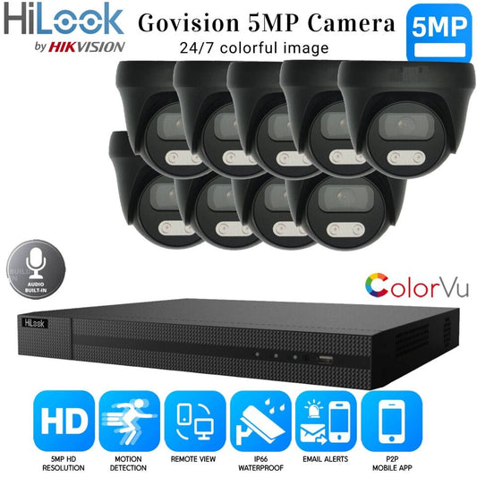 HIKVISION 5MP COLORVU AUDIO MIC CCTV SECURITY OUTDOOR INDOOR CAMERA SYSTEM KIT 16CH DVR 9x Cameras (gray) 1TB HDD