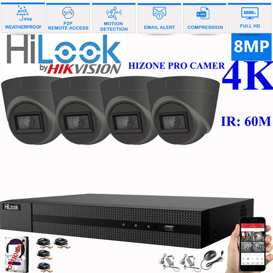 HIKVISION 8MP 4K CCTV HD DVR SYSTEM IN/OUTDOOR IR 60M CAMERA SECURITY KIT 4CH DVR 4xCameras (gray) 4TB HDD