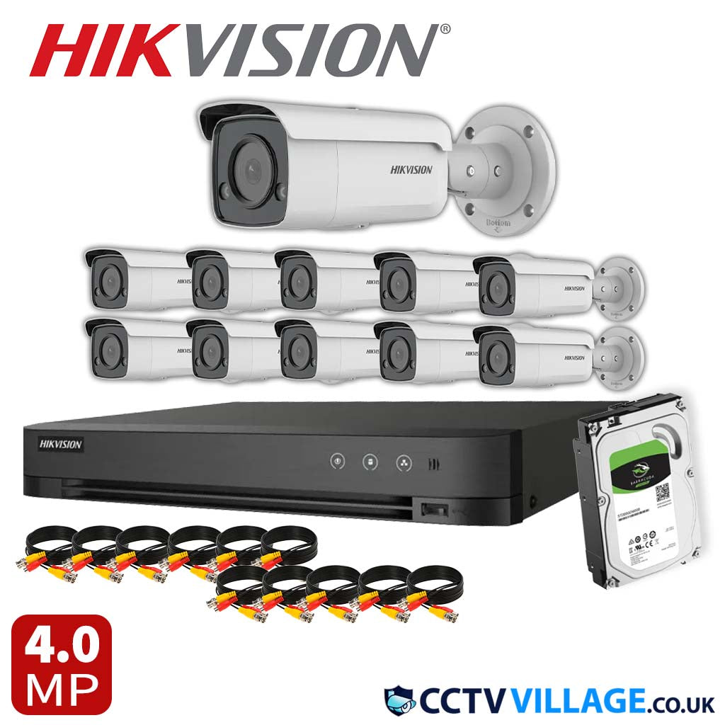 Hikvision 11x Camera System 16 Channel 1080p 1U H.265 AcuSense DVR with 1TB HDD 4MP ColorVu Strobe Light and Audible Warning Fixed Bullet Network Camera (DS-2CD2T47G2-LSU/SL)