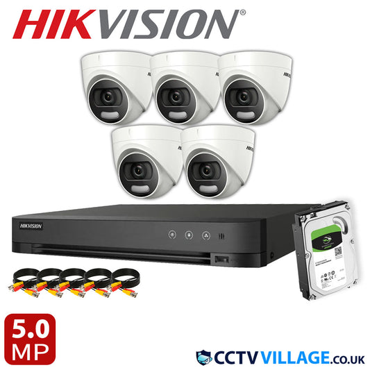 Hikvision 5x Camera System 8 Channel 1080p 1U H.265 AcuSense DVR with 10TB HDD 5MP ColorVu Fixed Turret Camera DS-2CE72HFT-F(3.6mm)