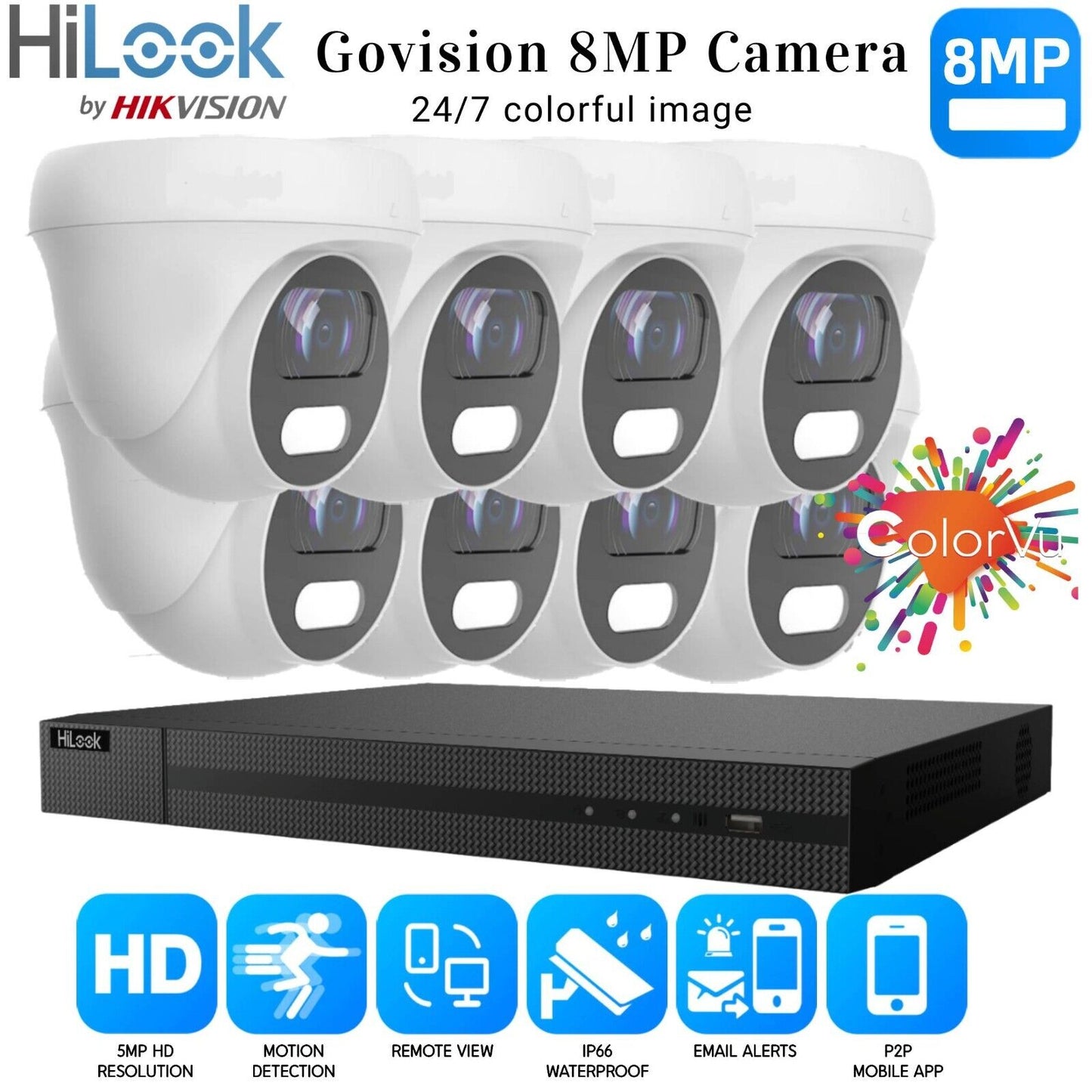 HIKVISION 4K COLORVU CCTV SYSTEM 8MP DVR OUTDOOR NIGHTVISION SECURITY CAMERA KIT 8CH DVR 8xCameras (white) 2TB HDD