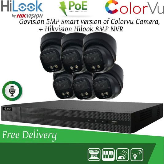 HIKVISION 8MP POE CCTV SYSTEM IP UHD NVR 5MP 24/7 COLORVU AUDIO MIC CAMERA KIT 8CH 6x Cameras (Black) 1TB HDD