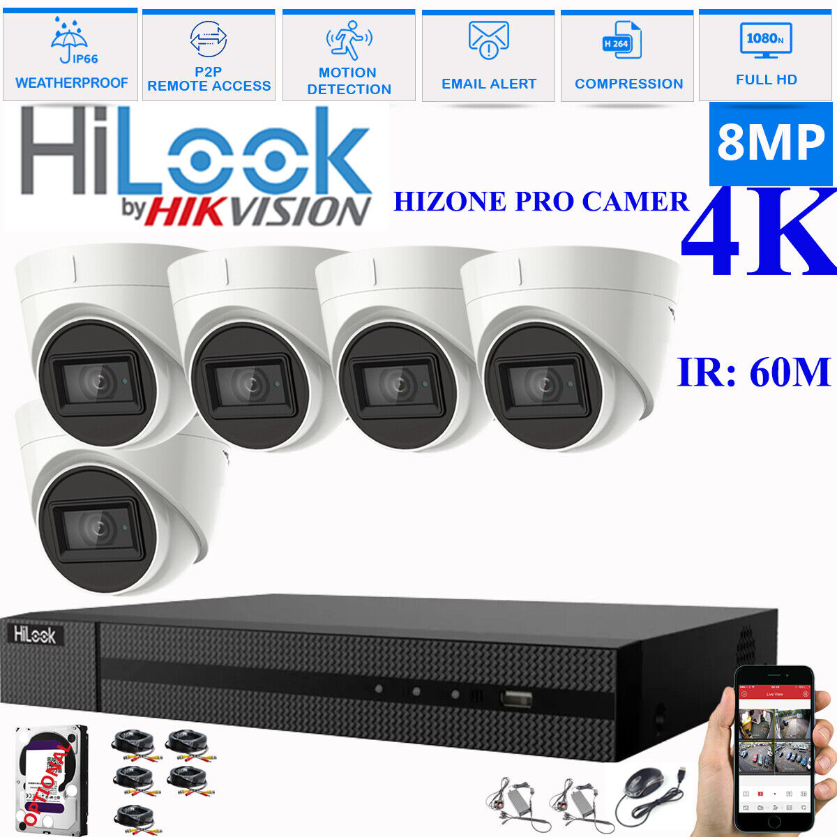 HIKVISION 8MP 4K CCTV HD DVR SYSTEM IN/OUTDOOR IR 60M CAMERA SECURITY KIT 8CH DVR 5xCameras (white) 1TB HDD