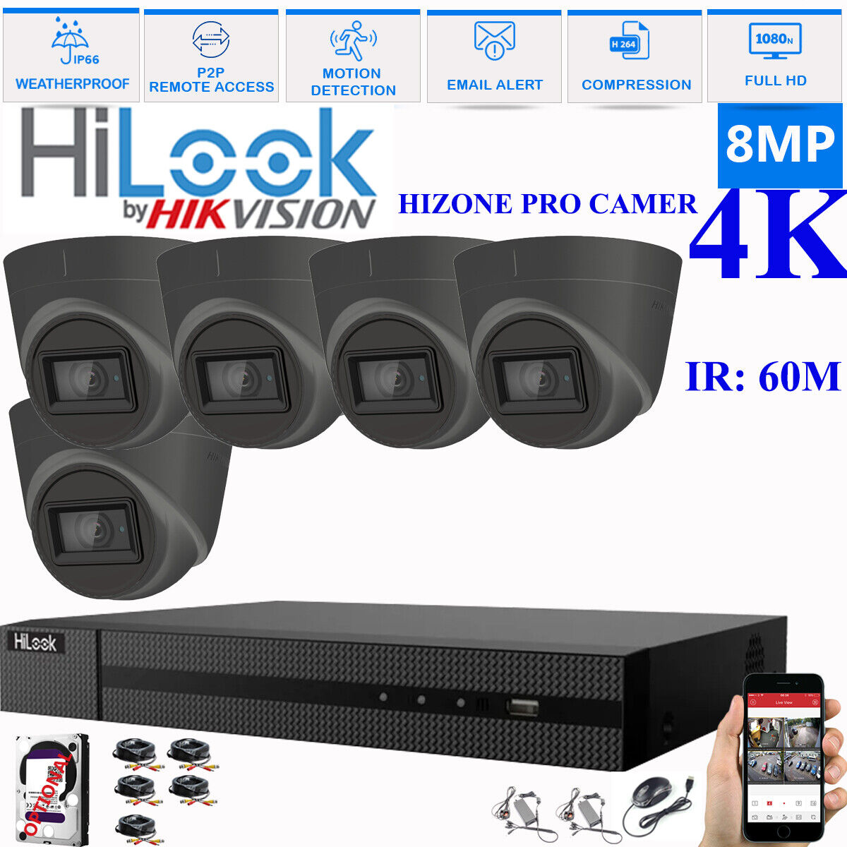 HIKVISION 8MP 4K CCTV HD DVR SYSTEM IN/OUTDOOR IR 60M CAMERA SECURITY KIT 8CH DVR 5xCameras (gray) 1TB HDD