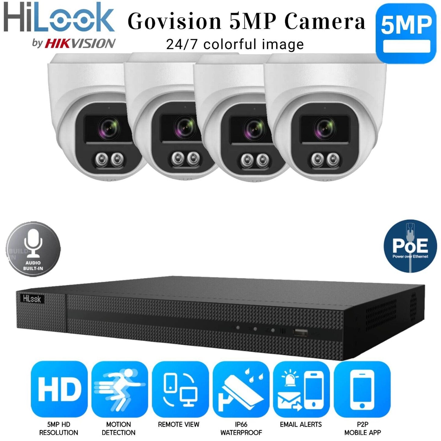 HIKVISION IP POE COLORVU AUDIO CCTV SYSTEM 4K 5MP CAMERA + MIC 4CH NVR 4x Cameras 4TB HDD
