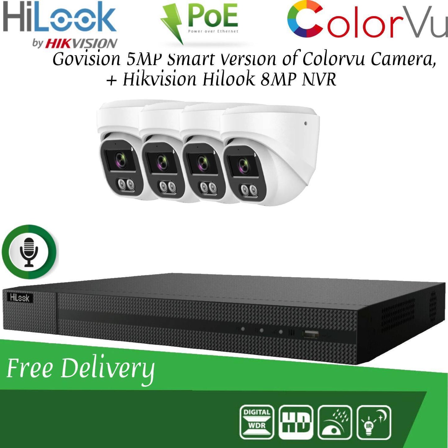 HIKVISION 8MP POE CCTV SYSTEM IP UHD NVR 5MP 24/7 COLORVU AUDIO MIC CAMERA KIT 4CH DVR 4x Cameras(white) 4TB HDD