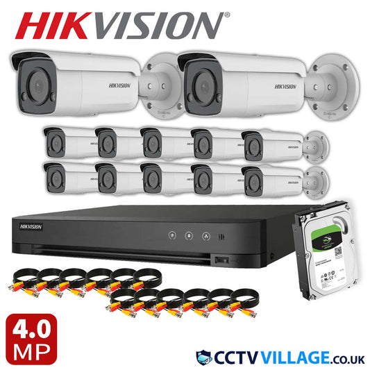 Hikvision 12x Camera System 16 Channel 1080p 1U H.265 AcuSense DVR with 1TB HDD 4MP ColorVu Strobe Light and Audible Warning Fixed Bullet Network Camera (DS-2CD2T47G2-LSU/SL)