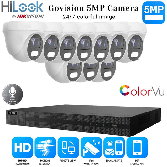 HIKVISION 5MP COLORVU AUDIO MIC CCTV SECURITY OUTDOOR INDOOR CAMERA SYSTEM KIT 16CH DVR 10x Cameras (white) 1TB HDD